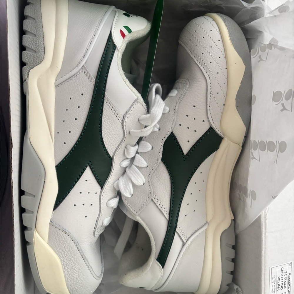 Diadora White and Dark Green Athletic Shoes